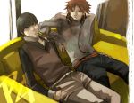  belt brown_hair casual couch grey_hair hanamura_yousuke headphones headphones_around_neck kazuki_(kazu-king) kazuki_(pixiv300776) male narukami_yuu persona persona_4 protagonist_(persona4) seta_souji silver_hair 