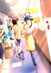  animal apron blue_hair cat clannad dutch_angle extra hallway highres holding sagara_misae school school_uniform smile suzuki_konori yellow_eyes 