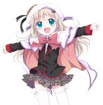  beret blonde_hair blue_eyes blush bow cape fang flat_chest hair_ornament hairclip happy hat little_busters! little_busters!! long_hair namori noumi_kudryavka oekaki outstretched_arms plaid school_uniform skirt solo spread_arms stretch thigh-highs thighhighs white_legwear zettai_ryouiki 