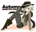  arm_support blue_eyes boots braid casual contemporary gayarou hat high_heels highres izayoi_sakuya pantyhose shoes short_hair silver_hair sitting touhou twintails wink 