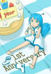  antenna bandaid barefoot blue_eyes blue_hair blush boots cake child crumbs eating feet food food_on_face from_above long_hair looking_up minigirl naotan pastry pixiv pixiv-tan sitting very_long_hair 