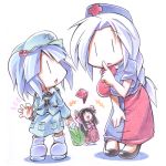  bag black_hair blue_hair chibi computer cucumber hat houraisan_kaguya kawashiro_nitori long_hair ribbon ribbons short_hair touhou traditional_media ushi white_hair yagokoro_eirin |_| 