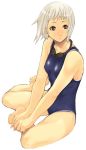  brown_eyes competition_swimsuit feet frown goggles imigimuru one-piece_swimsuit short_hair sitting swimsuit white_hair 