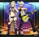  belt belts blonde_hair blue_eyes boots checkerboard checkered fingerless_gloves gloves guitar hagane_vocaloid instrument jewelry kagamine_len kagamine_rin legs lock magane_len magane_rin microphone midriff momopanda navel one_thighhigh piercing ring short_hair single_thighhigh striped striped_legwear striped_thighhighs tattoo thigh-highs thighhighs vocaloid 