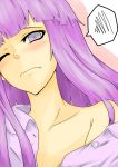  absurdres annoyed blush collarbone highres hisha off_shoulder open_clothes open_shirt patchouli_knowledge purple_eyes purple_hair shirt solo speech_bubble squiggle touhou violet_eyes wince 
