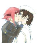  1girl bad_id barrette beret brown_hair code_geass couple hat kallen_stadtfeld kiss lelouch_lamperouge pink_hair romance short_hair spoilers touichi 