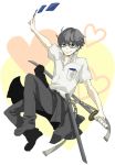  blue_card card cards floating_card glasses grey_hair holding holding_card jump jumping katana male narukami_yuu persona persona_4 protagonist_(persona4) seta_souji short_hair sword weapon yoshi_92 