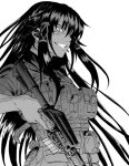  black_hair face grin gun imizu_(nitro_unknown) long_hair m4_carbine mahou_sensei_negima mahou_sensei_negima! monochrome rifle simple_background smile solo tatsumiya_mana very_long_hair weapon 