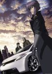  batou car city cloud clouds ghost_in_the_shell ghost_in_the_shell_stand_alone_complex gloves highres kusanagi_motoko motor_vehicle nissan purple_hair red_eyes short_hair sky standing sunset togusa trench_coat trenchcoat vehicle 