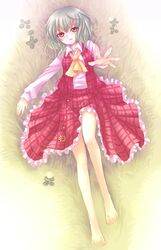  barefoot flower from_above grass green_hair kazami_yuuka legs lying neme on_back plaid plaid_skirt plaid_vest reaching red_eyes short_hair skirt skirt_set touhou 