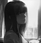  1girl bangs black_eyes black_hair commentary english_commentary eyebrows highres light lips long_hair looking_at_viewer looking_to_the_side naoko_(9113419) original shade shadow shirt solo 