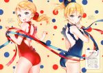  2girls absurdres ancotaku ass bangs bare_shoulders blonde_hair blue_eyes blue_leotard blush bow breasts eyebrows_visible_through_hair fingernails hair_bow highres huge_filesize leotard long_hair looking_at_viewer looking_back low_ponytail medium_breasts multiple_girls open_mouth original page_number polka_dot polka_dot_background ponytail red_leotard ribbon ribbon_trim scan shiny shiny_hair simple_background smile thighs 