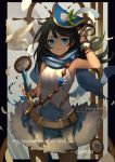  1girl animal armpits artist_name bare_shoulders belt bird black_border black_hair blue_eyes blue_hat blue_scarf blurry border breasts character_name commentary cowboy_shot dragalia_lost dress english_commentary feathers floating_hair half_updo hand_up hat hentaki highres long_hair looking_at_viewer odetta_(dragalia_lost) parted_lips patreon_username scarf sidelocks sleeveless sleeveless_dress small_breasts smile solo sparkle standing steering_wheel sword weapon white_dress 