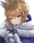  1girl ahoge armor armored_dress artoria_pendragon_(all) blonde_hair blush cloak close-up closed_mouth crown eyebrows_visible_through_hair face fate/stay_night fate_(series) fur_trim gedou_(shigure_seishin) green_eyes hair_between_eyes hair_bun high_collar jewelry looking_at_viewer mini_crown saber short_hair simple_background solo spikes white_background 