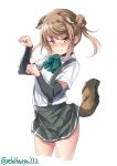  1girl animal_ears ascot blush closed_mouth dog_ears dog_tail double_bun ebifurya eyebrows_visible_through_hair hair_between_eyes hair_bun highres kantai_collection light_brown_hair looking_at_viewer michishio_(kantai_collection) paw_pose shirt short_sleeves short_twintails simple_background skirt solo suspenders tail twintails twitter_username white_background white_shirt yellow_eyes 
