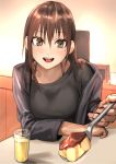  1girl :d bangs breasts brown_hair cup drink eyebrows_visible_through_hair fingernails food hair_between_eyes highres holding holding_spoon kilye_4421 long_hair looking_at_viewer medium_breasts mole mole_under_eye open_mouth original pudding sleeves_past_elbows smile solo spoon straight_hair teeth 