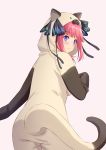  1girl animal_costume animal_hood bangs black_ribbon blue_eyes blunt_bangs blush breasts cat_costume cat_hood eyebrows_visible_through_hair eyelashes go-toubun_no_hanayome grey_background hair_ornament hair_ribbon highres hofumaso hood looking_back medium_breasts nakano_nino pink_hair ribbon sidelocks simple_background smile tail 