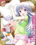  2girls arms_up barefoot brown_hair character_name character_request fang floral_print futon girlfriend_(kari) green_shirt grey_shirt holding long_hair multiple_girls navel official_art open_mouth pillow pillow_fight print_shirt qp:flapper shirt short_shorts shorts silver_hair smile standing standing_on_one_leg striped striped_shorts violet_eyes yulia_valkova 