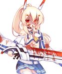  1girl ascot ayanami_(azur_lane) azur_lane bangs bare_shoulders belt black_choker blonde_hair blood blood_on_face bloody_clothes bloody_hands bloody_weapon blue_sailor_collar blue_skirt breasts choker commentary_request crop_top detached_sleeves eyebrows_visible_through_hair hair_between_eyes hair_ornament hairclip hand_to_own_mouth hand_up headgear high_ponytail holding holding_sword holding_weapon long_hair long_sleeves medium_breasts pleated_skirt ponytail red_eyes remodel_(azur_lane) sailor_collar sakurato_ototo_shizuku school_uniform serafuku shaded_face shirt sidelocks simple_background skirt sleeveless sleeveless_shirt sleeves_past_wrists solo sword under_boob very_long_hair weapon white_background white_belt white_shirt white_sleeves wide_sleeves yellow_neckwear 