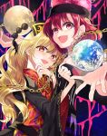  2girls :d blonde_hair chains collar dress earth_(ornament) hat hecatia_lapislazuli highres junko_(touhou) katayama_kei long_hair looking_at_viewer moon_(ornament) multiple_girls open_mouth outstretched_hand polos_crown red_eyes redhead short_hair smile touhou 