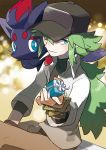  1boy baseball_cap blurry bokeh bracelet brown_pants closed_mouth creatures_(company) depth_of_field game_freak gen_5_pokemon gift green_eyes green_hair hat jewelry long_hair looking_at_viewer low_ponytail male_focus n_(pokemon) nintendo official_art pants pokemon pokemon_(game) pokemon_bw pokemon_on_shoulder shirt sitting solo very_long_hair white_day white_shirt zorua 