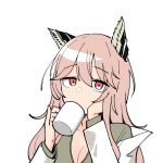  1girl animal_ears breasts cat_ears cleavage coffee coffee_mug commentary cup drinking eyebrows_visible_through_hair girls_frontline highres junsuina_fujunbutsu labcoat messy_hair mug persica_(girls_frontline) pink_hair pinky_out red_eyes solo white_background 