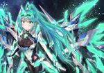  1girl armor bangs blush breasts cocoasabure earrings elbow_gloves gem gloves glowing green_eyes green_hair hair_ornament headpiece highres jewelry large_breasts long_hair looking_at_viewer mechanical_wings night nintendo pneuma_(xenoblade) ponytail sky smile solo spoilers star_(sky) starry_sky swept_bangs tiara very_long_hair wings xenoblade_(series) xenoblade_2 