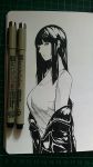  1girl bare_shoulders black_eyes black_hair breasts buttons cleavage commentary english_commentary jacket long_hair looking_at_viewer monochrome naoko_(9113419) open_clothes open_jacket original tank_top traditional_media zipper 