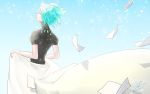  1other absurdres androgynous aqua_eyes aqua_hair blue_eyes blue_hair cloth crystal_hair eyebrows_visible_through_hair gem_uniform_(houseki_no_kuni) highres houseki_no_kuni looking_back paper phosphophyllite short_hair signature solo 