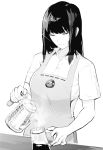  1girl apron bangs barista black_eyes black_hair blouse breasts commentary english_commentary highres holding light_rays logo long_hair looking_down naoko_(9113419) original pouring simple_background smile solo table white_background white_blouse 