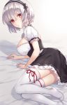  1girl azur_lane breasts choker closed_mouth commentary_request dress expressionless foot_out_of_frame frilled_choker frilled_dress frills hair_between_eyes hairband highres kon_(k0n16) large_breasts leg_ribbon looking_at_viewer lying maid on_bed on_side puffy_short_sleeves puffy_sleeves red_eyes red_ribbon ribbon short_hair short_sleeves silver_hair sirius_(azur_lane) solo thigh-highs white_legwear 