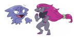  eyeshadow gen_1_pokemon gen_5_pokemon haunter kojirou_(pokemon) lipstick makeup musashi_(pokemon) purple_hair sweat yamujiburo zoroark 