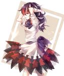  1girl absurdres adjusting_hair black_hair catys curly_hair directional_arrow dress from_side hands_up highres horns kijin_seija long_hair looking_to_the_side multicolored multicolored_clothes multicolored_dress multicolored_hair red_eyes redhead smile solo touhou white_hair 