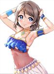  1girl absurdres arabian_clothes armlet armpits arms_up bangs blue_eyes bracelet breasts brown_hair circlet closed_mouth collarbone covered_navel cowboy_shot eyebrows_visible_through_hair highres jewelry looking_at_viewer love_live! love_live!_sunshine!! medium_breasts necklace pendant pleated_skirt revealing_clothes rozen5 scan see-through short_hair simple_background skirt smile solo sparkle swept_bangs under_boob watanabe_you white_background white_skirt 