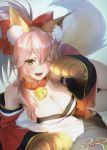  1girl animal_ears bare_shoulders bell blush bow breasts brown_eyes chama_kou cleavage collar commentary_request detached_sleeves eyebrows_visible_through_hair fang fate/grand_order fate_(series) fox_ears fox_tail gloves hair_between_eyes hair_bow jingle_bell large_breasts looking_at_viewer lying on_side one_eye_closed open_mouth paw_gloves paws pink_hair ponytail red_bow short_hair signature smile solo tail tamamo_(fate)_(all) tamamo_cat_(fate) teeth 