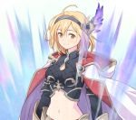  1girl ahoge arm_guards blonde_hair breasts cloak commentary_request djeeta_(granblue_fantasy) feathers granblue_fantasy hair_between_eyes hair_feathers hairband haniwa_(leaf_garden) highres hood hood_down hooded_cloak long_sleeves looking_at_viewer medium_breasts midriff navel short_hair smile solo upper_body yellow_eyes 