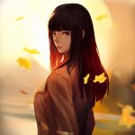  1girl autumn autumn_leaves bangs black_eyes black_hair breasts brown_jacket commentary day english_commentary eyebrows falling_leaves highres jacket leaf light lips long_hair looking_at_viewer looking_back looking_to_the_side maple_leaf naoko_(9113419) original outdoors shade sunset 