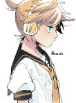  1boy blonde_hair blue_eyes english_text expressionless glowing glowing_eyes headset kagamine_len kouhara_yuyu looking_away male_focus necktie profile puffy_short_sleeves puffy_sleeves shirt short_hair short_sleeves simple_background standing text_focus upper_body vocaloid white_background white_shirt yellow_neckwear 