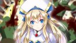  1girl blonde_hair blood blue_eyes blurry blurry_background commentary_request explosion eyebrows_visible_through_hair goblin goblin_slayer! hair_between_eyes hat long_hair looking_at_viewer priestess_(goblin_slayer!) white_hat yamaguchi_yuu 
