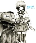  1girl artist_name bangs belt blurry blurry_background boots closed_mouth collared_shirt commentary_request cosplay depth_of_field girls_und_panzer gloom_(expression) gloves graphite_(medium) greyscale ground_vehicle head_tilt headphones headphones_around_neck highres isara_gunther isara_gunther_(cosplay) knee_boots lanyard looking_at_viewer military military_uniform military_vehicle miniskirt monochrome motor_vehicle nishizumi_miho pleated_skirt sekirei_tessar senjou_no_valkyria shawl shirt short_hair skirt smile solo standing striped striped_legwear tank thigh-highs traditional_media twitter_username uniform vehicle_request vertical-striped_legwear vertical_stripes 