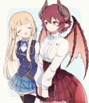  2girls :d ^_^ anne_(shingeki_no_bahamut) bangs blonde_hair blue_background blue_skirt blue_vest blush book breasts brown_hair brown_wings captain_yue center_frills closed_eyes closed_eyes closed_mouth dragon_girl dragon_horns dragon_tail dragon_wings eyebrows_visible_through_hair frills granblue_fantasy grea_(shingeki_no_bahamut) green_background hair_between_eyes hands_together highres holding holding_book horns long_hair long_sleeves manaria_friends medium_breasts multiple_girls open_mouth own_hands_together plaid plaid_skirt pleated_skirt red_eyes red_skirt shingeki_no_bahamut shirt skirt smile tail twitter_username two-tone_background very_long_hair vest white_shirt wings 