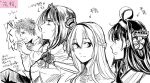  1boy 3girls admiral_(kantai_collection) ahoge ark_royal_(kantai_collection) bob_cut braid closed_eyes commentary_request crown double_bun french_braid hairband headgear jewelry kantai_collection kongou_(kantai_collection) long_hair mini_crown monochrome multiple_girls necklace short_hair signature sneezing spiky_hair tiara translation_request upper_body warspite_(kantai_collection) yamada_rei_(rou) 