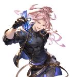  1boy belt black_jacket black_shirt blue_eyes contrapposto floating_hair gift gloves granblue_fantasy high_ponytail incoming_gift jacket long_hair looking_at_viewer male_focus minaba_hideo official_art open_mouth pink_hair randall_(granblue_fantasy) shirt skin_tight smile solo transparent_background white_day 