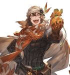  1boy bandanna belt brown_gloves cape closed_eyes gift gloves granblue_fantasy hand_on_hip incoming_gift long_hair male_focus minaba_hideo nezahualpilli official_art open_mouth orange_scarf pouch scarf smile solo transparent_background white_day 