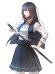  1girl black_hair blouse breasts commentary cowboy_shot english_commentary eyebrows glint green_eyes hair_strand holding holding_sword holding_weapon katana long_hair naoko_(9113419) original scabbard sheath shirt skirt sleeves_rolled_up solo sword t-shirt unsheathing weapon 