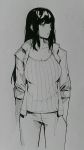  1girl black_eyes black_hair breasts commentary english_commentary jacket long_hair looking_away monochrome naoko_(9113419) original sleeves_rolled_up tank_top traditional_media 