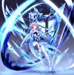  1girl armor armored_dress bangs bare_shoulders belt black_gloves blue_legwear breasts detached_collar elbow_gloves full_body gloves grey_hair hair_ornament hair_over_one_eye hand_up highres holding holding_scythe honkai_(series) honkai_impact_3 large_breasts light_particles looking_at_viewer mole mole_under_eye red_eyes rita_rossweisse rita_rossweisse_(artemis) scythe shinachiku_(uno0101) short_hair sidelocks smile thigh-highs weapon 