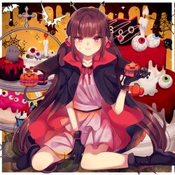  1girl :t bangs between_legs black_capelet black_footwear black_gloves blunt_bangs boots brown_hair capelet collarbone dangan_ronpa dress eyebrows_visible_through_hair floating_hair gloves grey_dress hair_ornament hair_scrunchie halloween halloween_costume hand_between_legs harukawa_maki holding layered_dress long_hair looking_at_viewer mole mole_under_eye neck_ribbon nekoshin_kagari new_dangan_ronpa_v3 pumpkin red_eyes red_ribbon red_scrunchie ribbon scrunchie short_dress sitting solo twintails vampire very_long_hair wariza 