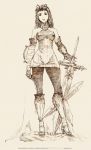  1girl ale_(ale_halexxx) antenna_hair armor bare_shoulders boots breasts callo_merlose collarbone eye_contact facing_viewer full_body gauntlets gloves huge_weapon long_hair looking_at_another looking_at_viewer open_toe_shoes pencil shield simple_background sketch smile solo standing sword vagrant_story weapon white_background 