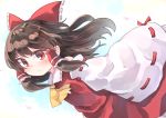  1girl ascot bangs blush brown_hair closed_mouth collared_shirt commentary_request detached_sleeves eyebrows_visible_through_hair flying frilled_shirt_collar frills hair_between_eyes hair_tubes hakurei_reimu highres kibisake long_hair long_sleeves looking_at_viewer petals red_eyes red_shirt red_skirt ribbon-trimmed_sleeves ribbon_trim shirt sidelocks skirt sleeveless sleeveless_shirt solo touhou white_sleeves wide_sleeves yellow_neckwear 